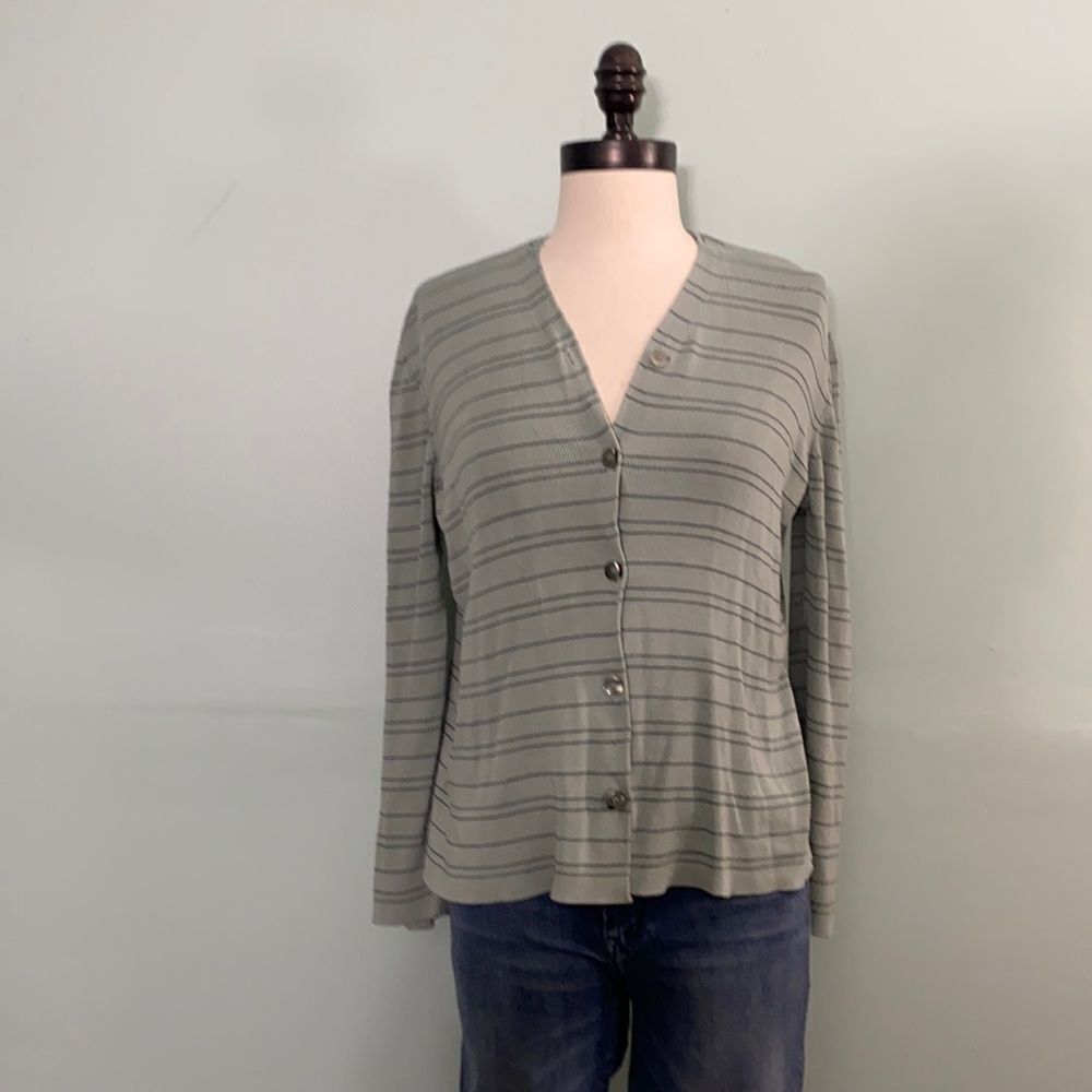 Vintage Jones New York Green Striped Button Front Cardigan